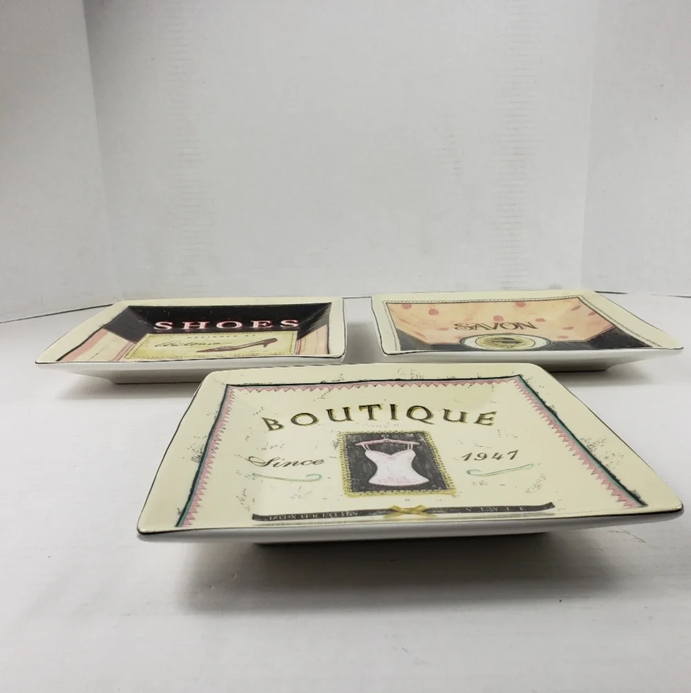 3 Sakura Vintage Boutique Square Stoneware Salad Dessert Plates Paris Motif
